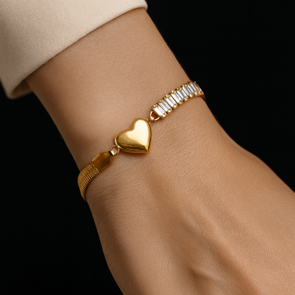 BAGET TAŞLI KALP MODEL ÇELİK BİLEKLİK