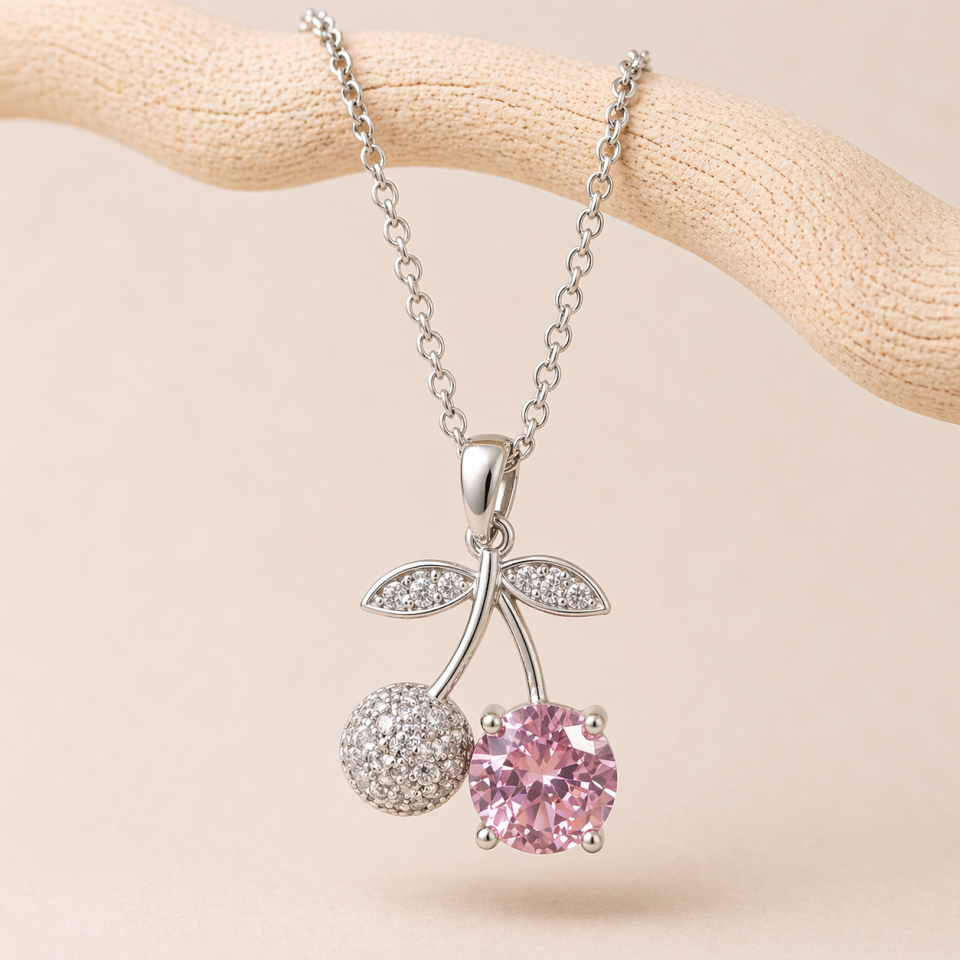 Kiraz Figürlü Pembe Taşlı Çelik Kolye
