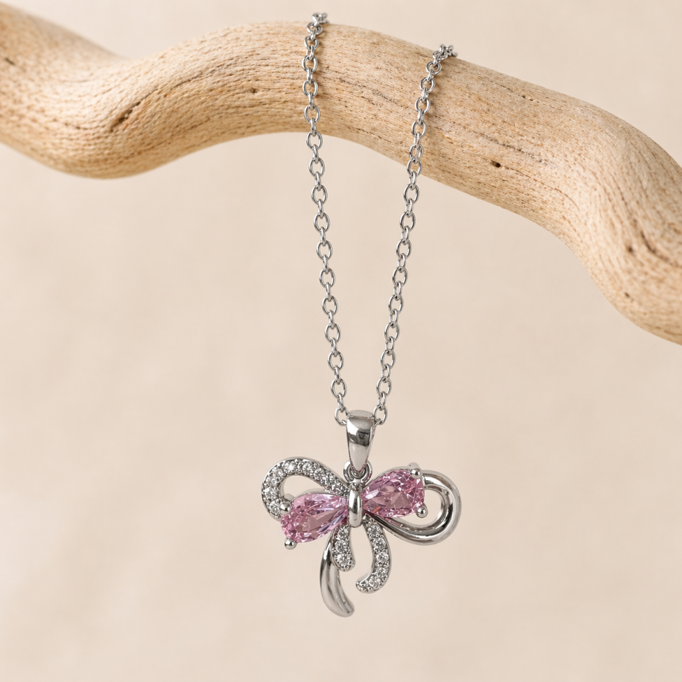 Pembe Taşlı Fiyonk Figürlü Çelik Kolye