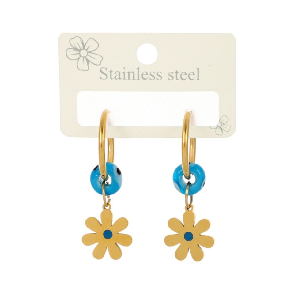 SALLANTILI NAZAR BONCUKLU ÇİÇEK MODEL ÇELİK KÜPE