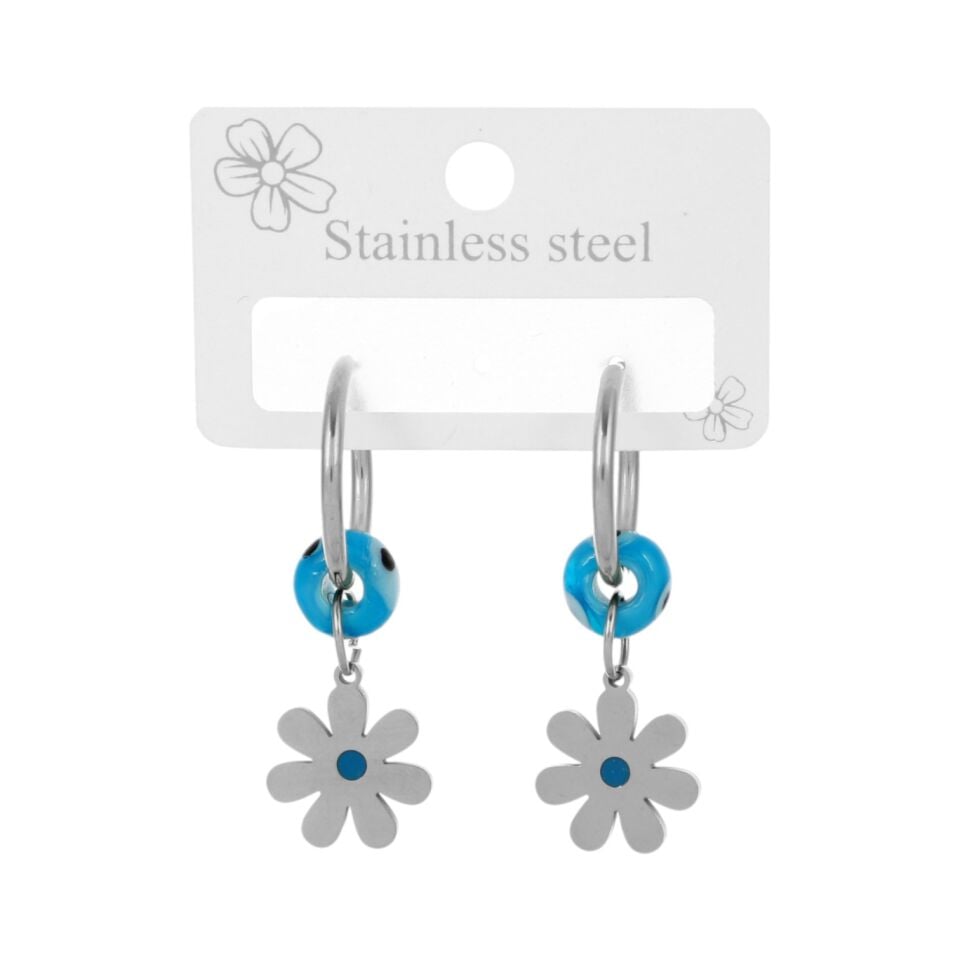 SALLANTILI NAZAR BONCUKLU ÇİÇEK MODEL ÇELİK KÜPE