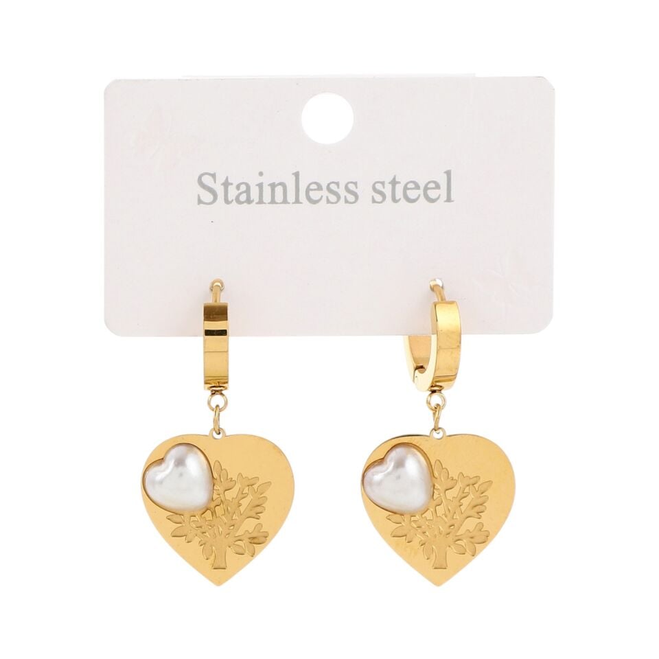 SEDEF TAŞLI KALP VE YAŞAM AĞACI MODEL ÇELİK KÜPE