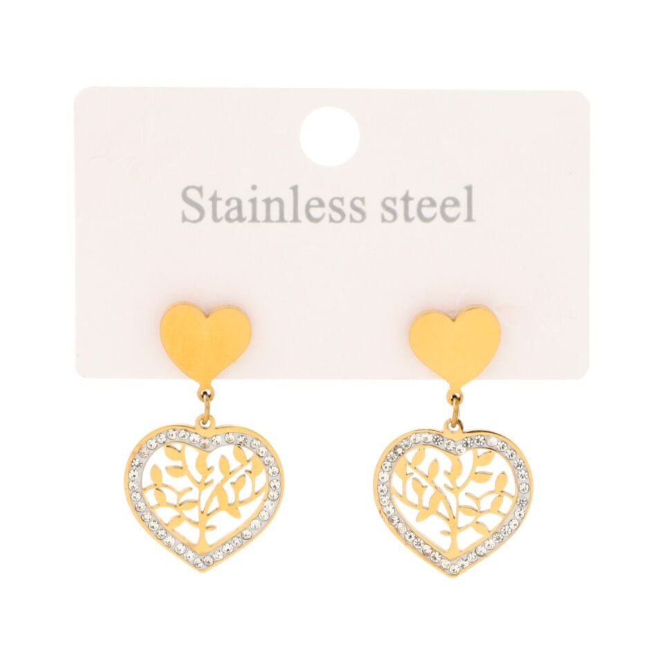 TAŞLI KALP MODEL YAŞAM AĞACI ÇELİK KÜPE