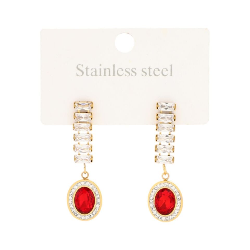 BAGET VE KIRMIZI TAŞLI ÇELİK KÜPE