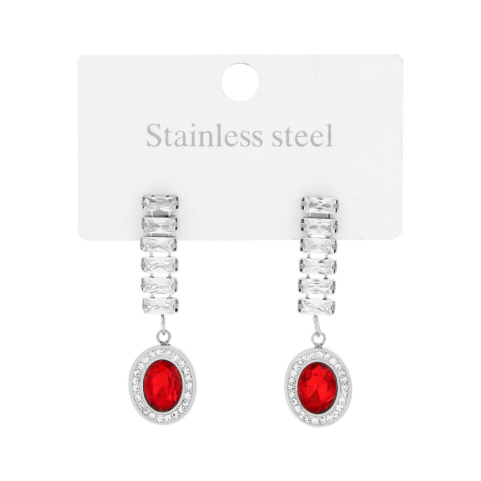 BAGET VE KIRMIZI TAŞLI ÇELİK KÜPE