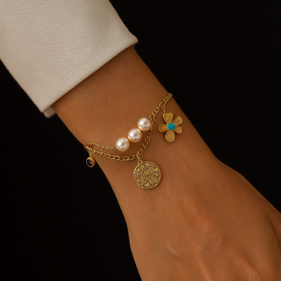 ÇELİK İNCİ DETAYLI ÇİFT ZİNCİR BİLEKLİK