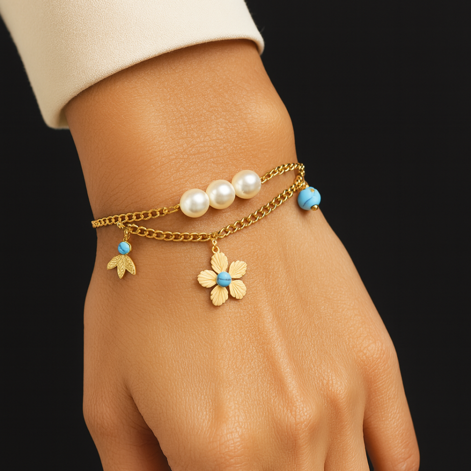 ÇELİK MAVİ BONCUKLU ÇİÇEK TEMALI BİLEKLİK