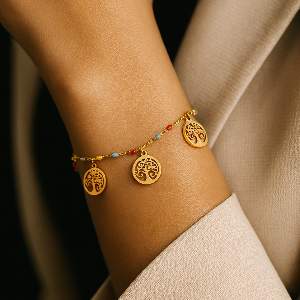 ÇELİK RENKLİ BONCUKLU AĞAÇ DESENLİ BİLEKLİK