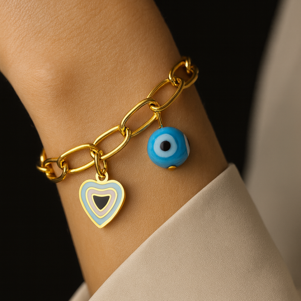 ÇELİK NAZAR BONCUĞU DESENLİ KALP BİLEKLİK