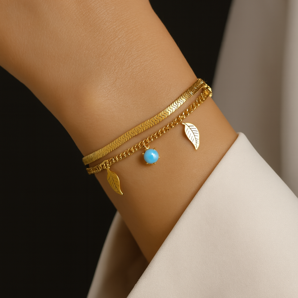 ÇELİK YAPRAK VE MAVİ TAŞLI BİLEKLİK