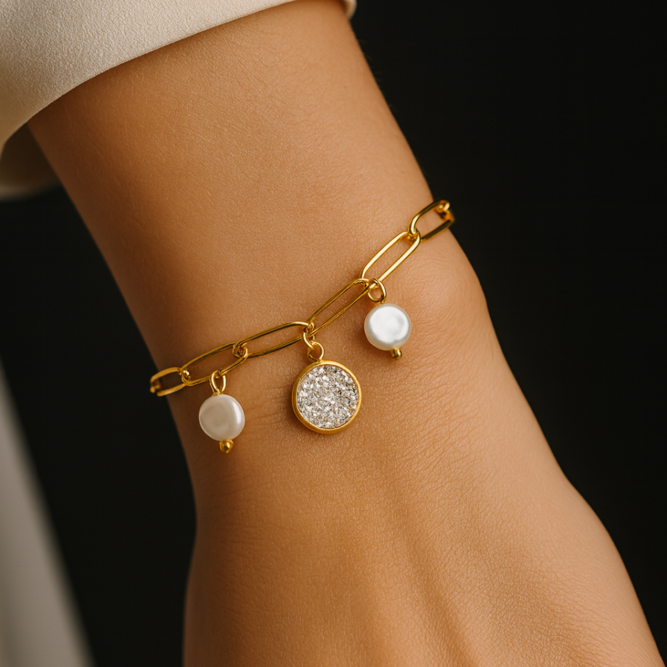 İNCİ DETAYLI ÇELİK ZİNCİR BİLEKLİK