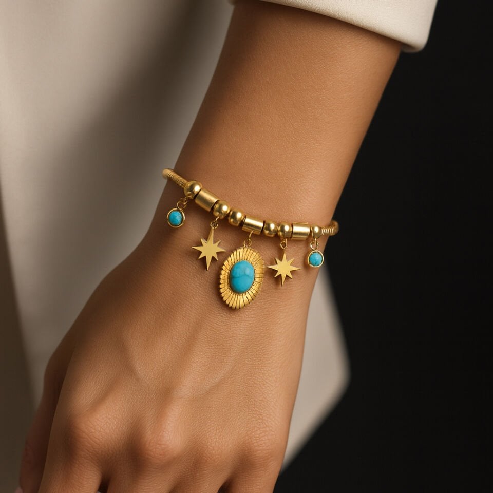 FİRUZE TAŞLI KUTUP YILDIZI DETAYLI ÇELİK BİLEKLİK