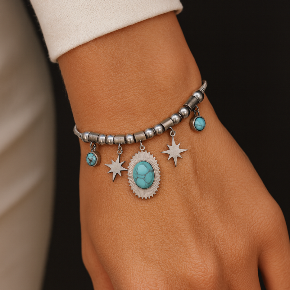 FİRUZE TAŞLI KUTUP YILDIZI DETAYLI ÇELİK BİLEKLİK