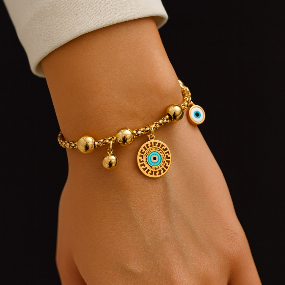 NAZAR BONCUĞU DETAYLI ÇELİK BURGU BİLEKLİK