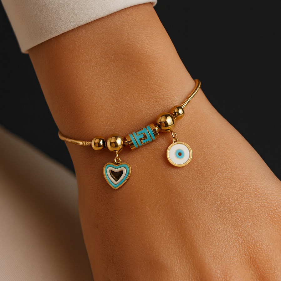 NAZAR BONCUĞU VE KALP DETAYLI ÇELİK BİLEKLİK