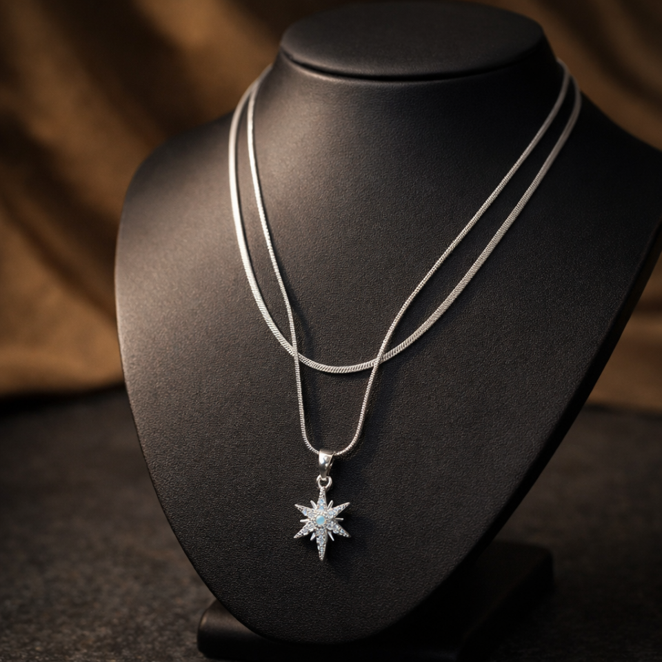 Çelik Kutup Yıldızı Figürlü Çift Zincir Kolye
