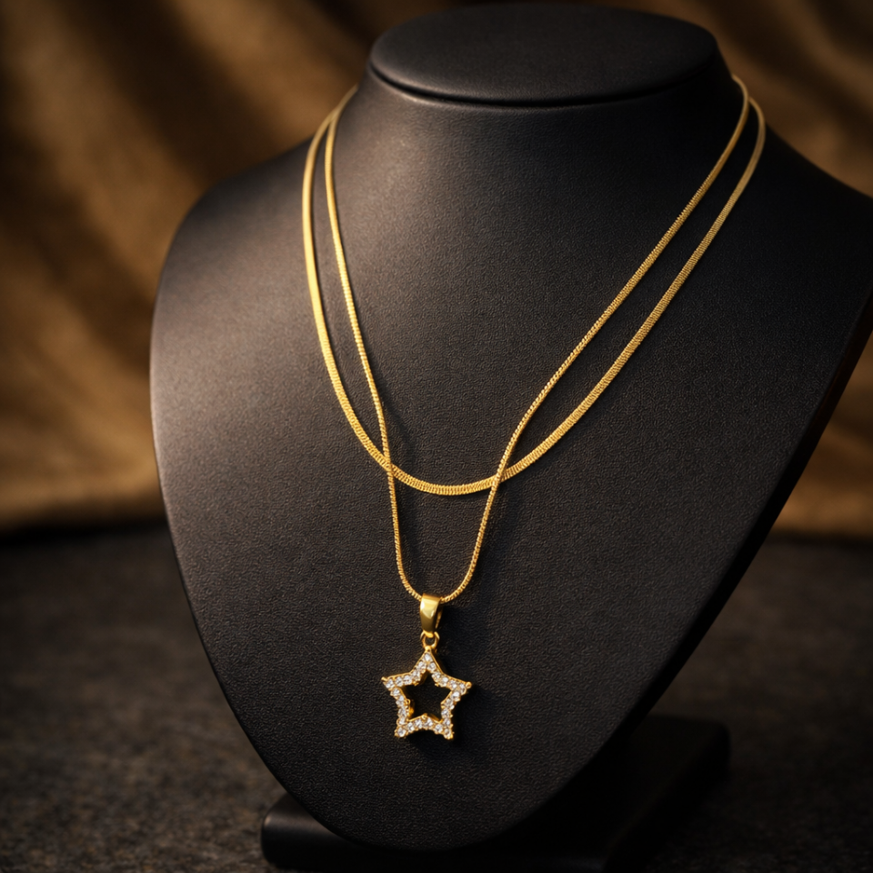 Çelik Yıldız Figürlü Çift Zincir Kolye