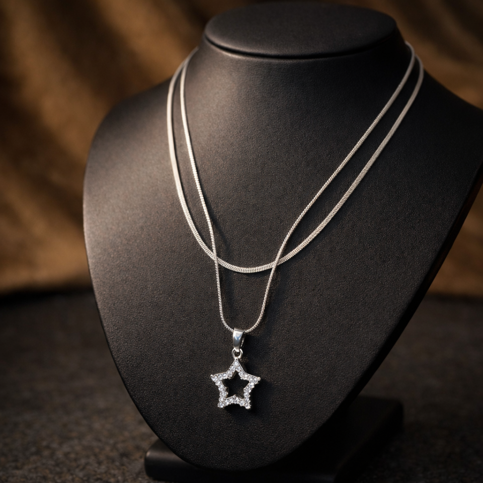 Çelik Yıldız Figürlü Çift Zincir Kolye