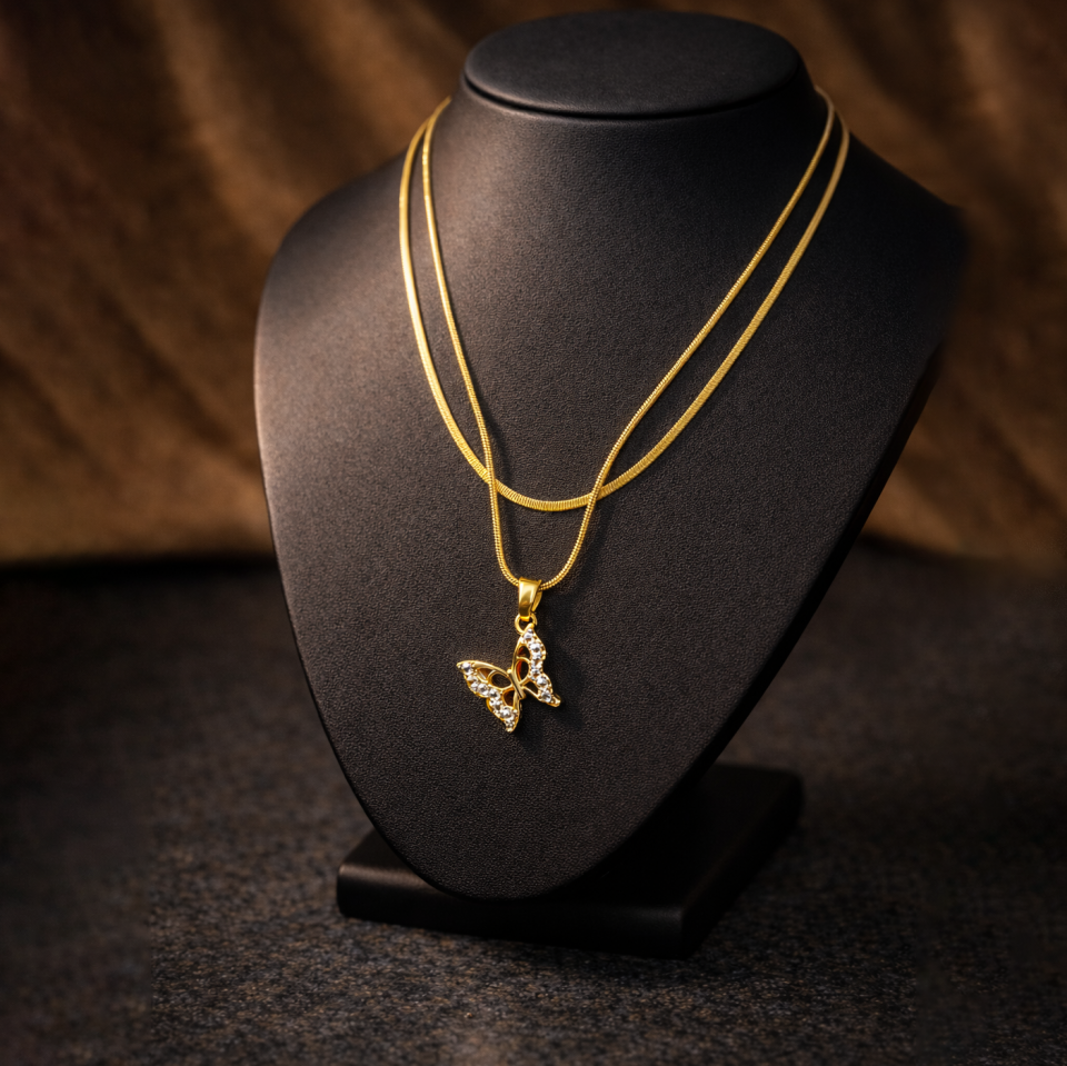 Çelik Kelebek Figürlü Çift Zincir Kolye