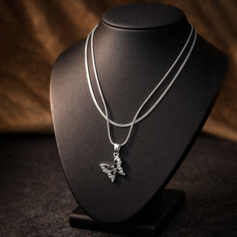 Çelik Kelebek Figürlü Çift Zincir Kolye