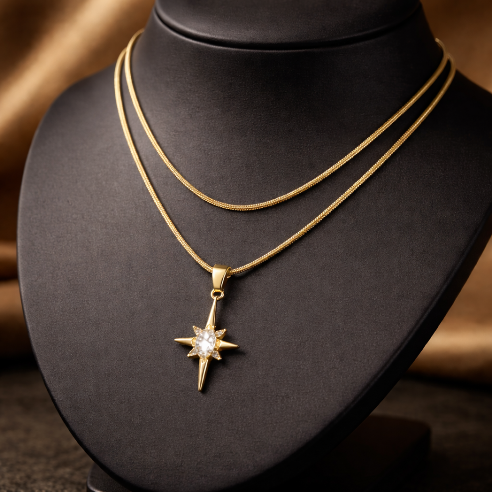 Çelik Kutup Yıldızı Figürlü Çift Zincir Kolye