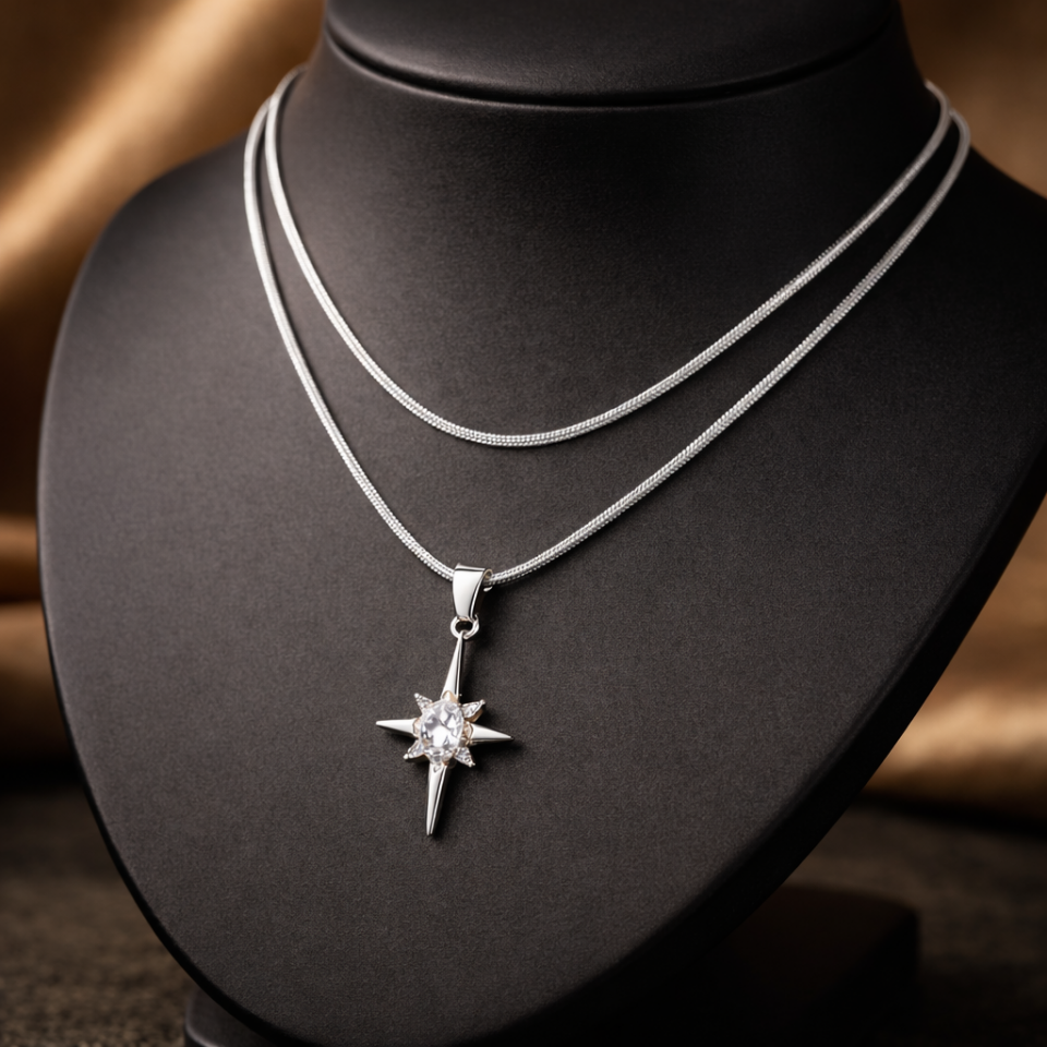 Çelik Kutup Yıldızı Figürlü Çift Zincir Kolye