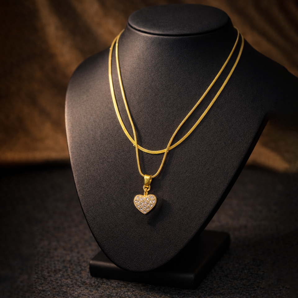 Çelik Kalp Figürlü Çift Zincir Kolye