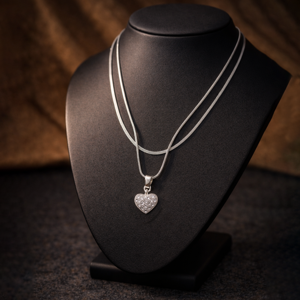 Çelik Kalp Figürlü Çift Zincir Kolye