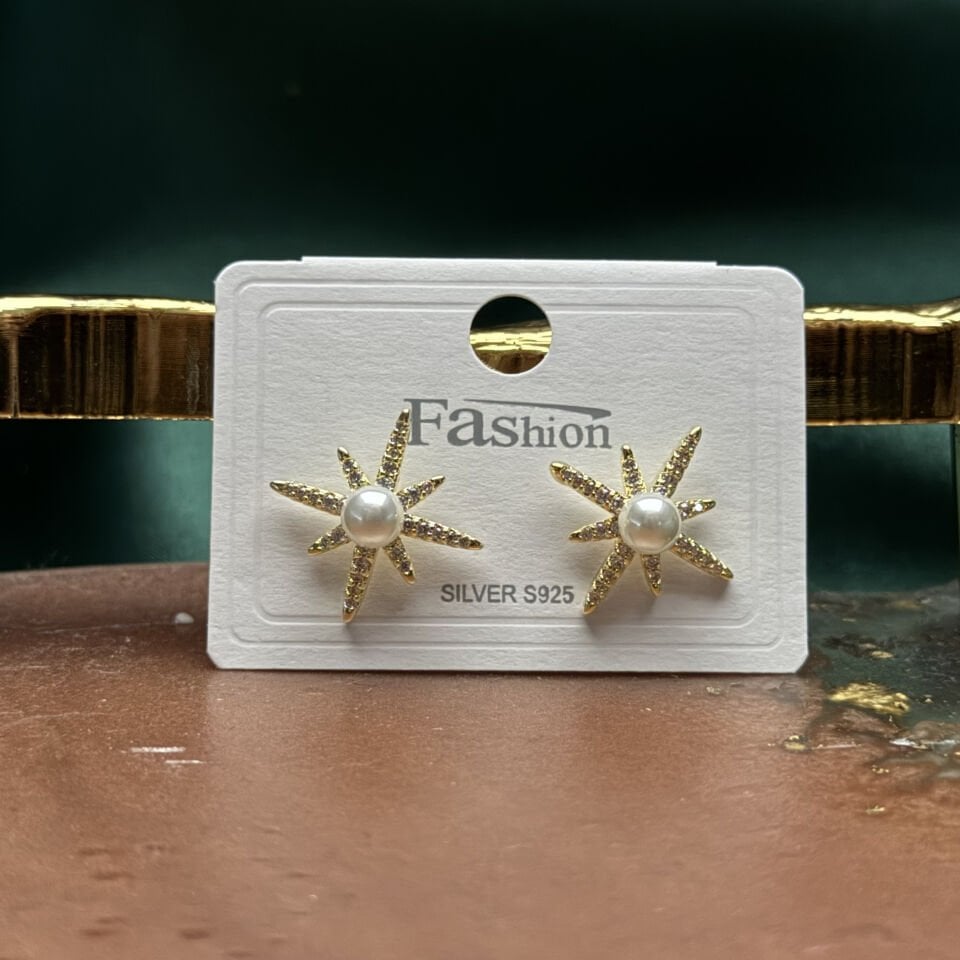 Zirkon Taşlı İnci Detaylı Güneş Form Çıtır Küpe